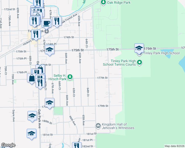 map of restaurants, bars, coffee shops, grocery stores, and more near 17690 Ridgeland Avenue in Tinley Park