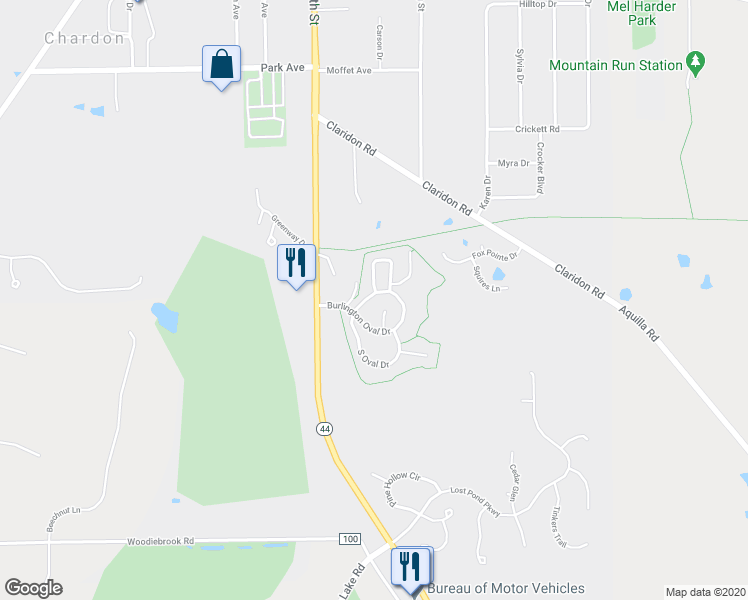 map of restaurants, bars, coffee shops, grocery stores, and more near 119 Burlington Oval Drive in Chardon