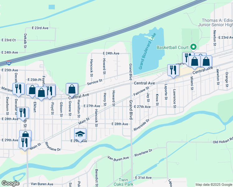 map of restaurants, bars, coffee shops, grocery stores, and more near 1701 Central Avenue in Gary