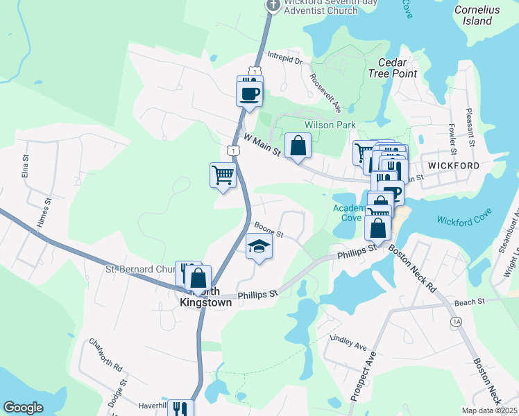 map of restaurants, bars, coffee shops, grocery stores, and more near 44 Thomas Street in North Kingstown