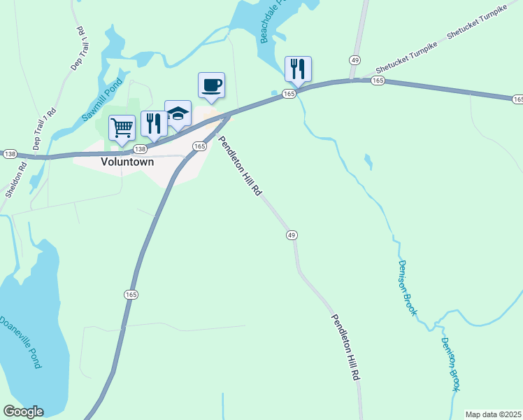 map of restaurants, bars, coffee shops, grocery stores, and more near 99 Pendleton Hill Road in Voluntown