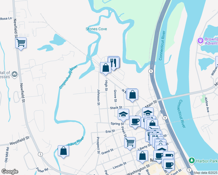 map of restaurants, bars, coffee shops, grocery stores, and more near 175 North Main Street in Middletown