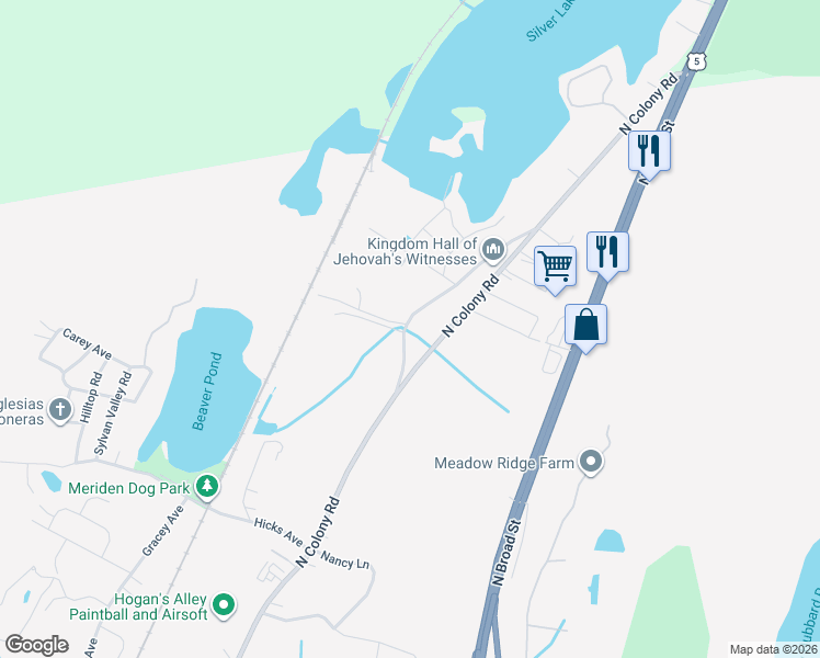 map of restaurants, bars, coffee shops, grocery stores, and more near 1410 Old N Colony Road in Meriden