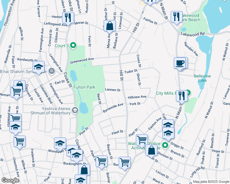 map of restaurants, bars, coffee shops, grocery stores, and more near 30 Lannen Street in Waterbury