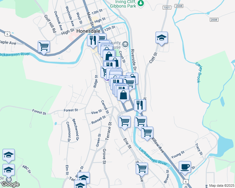 map of restaurants, bars, coffee shops, grocery stores, and more near 618 Main St in Honesdale