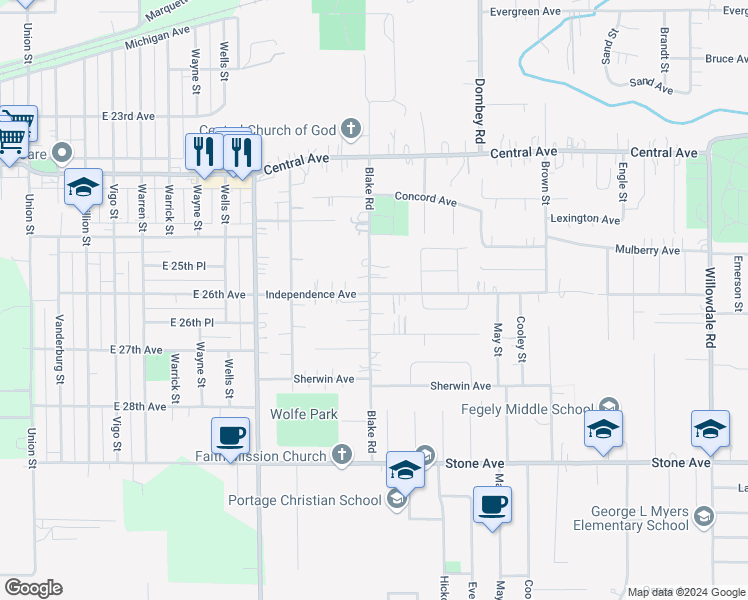 map of restaurants, bars, coffee shops, grocery stores, and more near 2794 Blake Road in Portage