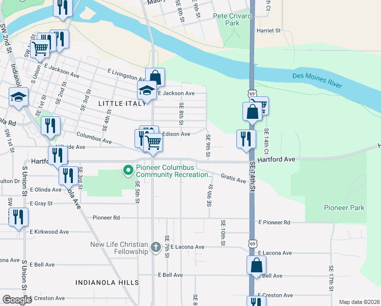 map of restaurants, bars, coffee shops, grocery stores, and more near 1900 Southeast 9th Street in Des Moines