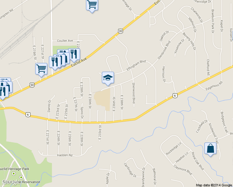 map of restaurants, bars, coffee shops, grocery stores, and more near 1703 East 236th Street in Euclid