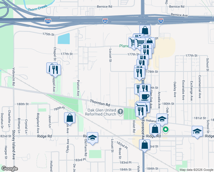 map of restaurants, bars, coffee shops, grocery stores, and more near 17842 Locust Street in Lansing