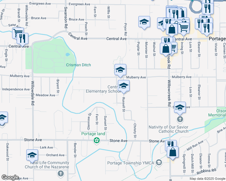 map of restaurants, bars, coffee shops, grocery stores, and more near in Portage