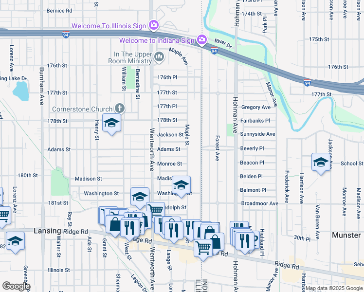 map of restaurants, bars, coffee shops, grocery stores, and more near 3668 Adams Street in Lansing