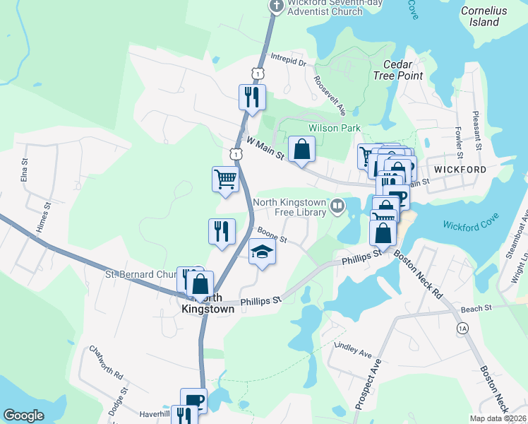 map of restaurants, bars, coffee shops, grocery stores, and more near 25 Sherman Street in North Kingstown