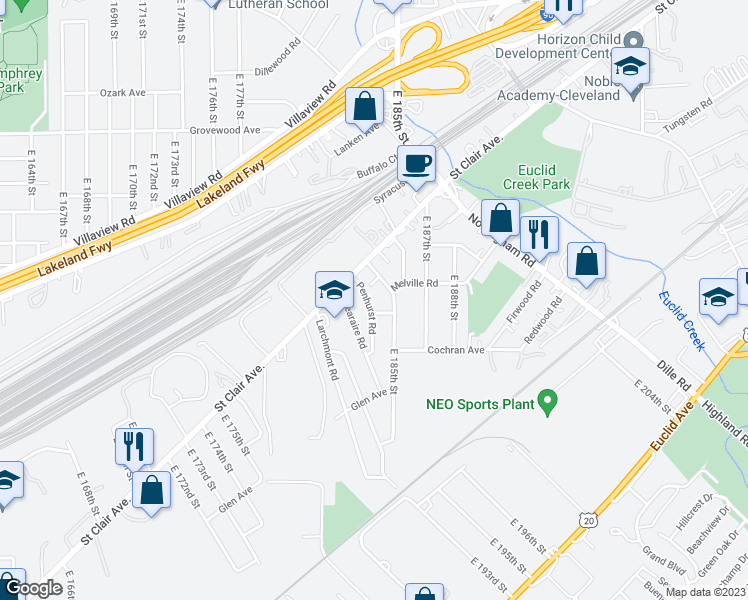 map of restaurants, bars, coffee shops, grocery stores, and more near 1351 Penhurst Rd in Cleveland