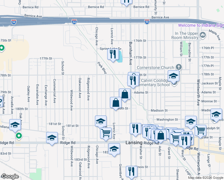 map of restaurants, bars, coffee shops, grocery stores, and more near 17858 Lorenz Avenue in Lansing