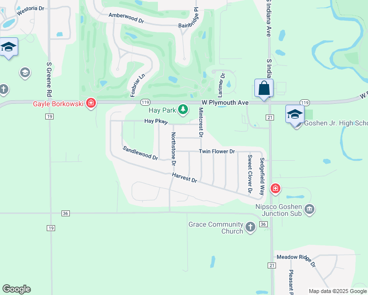 map of restaurants, bars, coffee shops, grocery stores, and more near 1426 Timothy Dr in Goshen