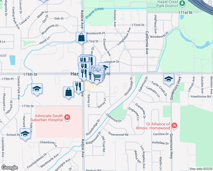 map of restaurants, bars, coffee shops, grocery stores, and more near 17505 Kedzie Avenue in Hazel Crest