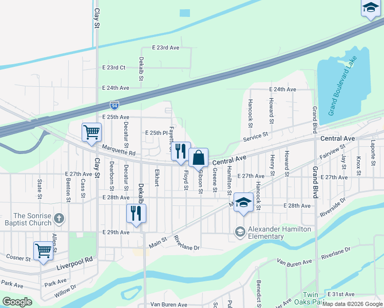 map of restaurants, bars, coffee shops, grocery stores, and more near 2591 Fayette St in Gary