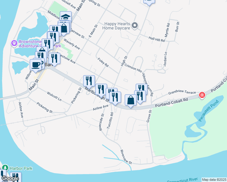 map of restaurants, bars, coffee shops, grocery stores, and more near 12 High Street in Portland