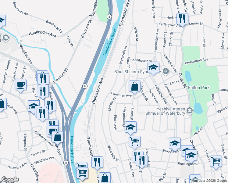 map of restaurants, bars, coffee shops, grocery stores, and more near 452 Waterville Street in Waterbury