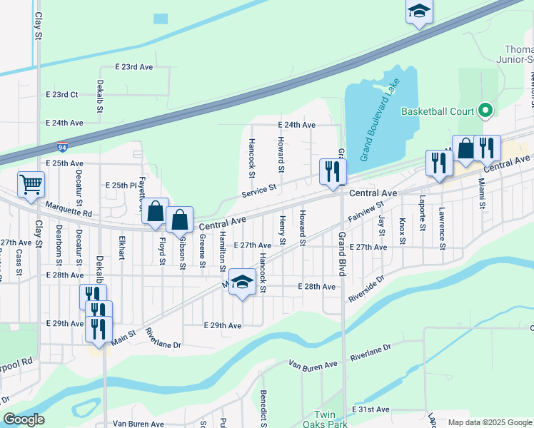 map of restaurants, bars, coffee shops, grocery stores, and more near 1491 Service Street in Lake Station