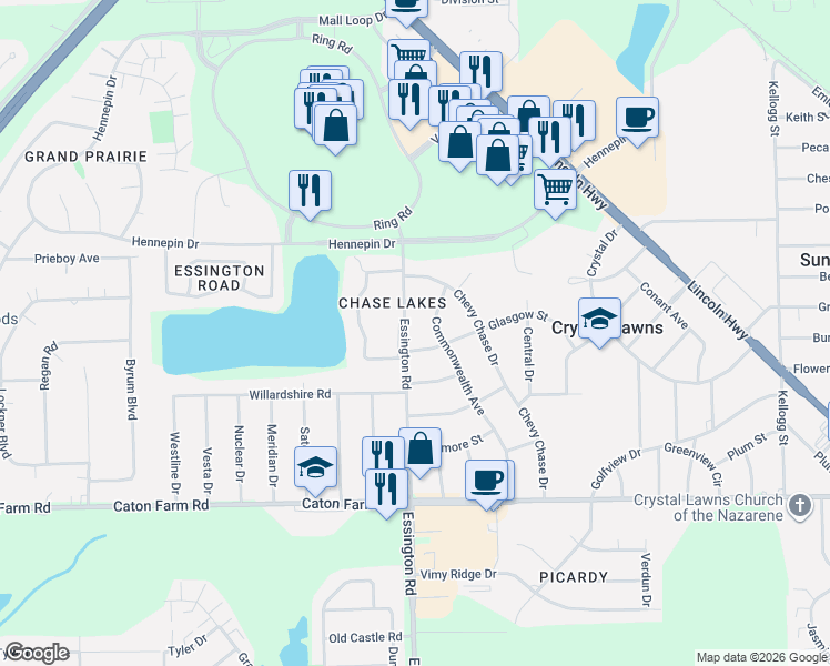 map of restaurants, bars, coffee shops, grocery stores, and more near 2611 Commonwealth Avenue in Joliet