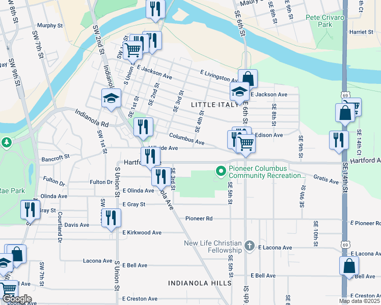 map of restaurants, bars, coffee shops, grocery stores, and more near 326 Hillside Avenue in Des Moines