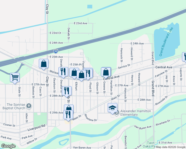 map of restaurants, bars, coffee shops, grocery stores, and more near 2591 Fayette St in Gary