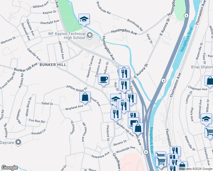 map of restaurants, bars, coffee shops, grocery stores, and more near in Waterbury