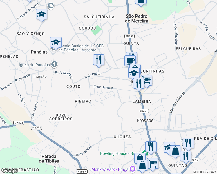 map of restaurants, bars, coffee shops, grocery stores, and more near 10 Rua Quinta do Ribeiro in Braga