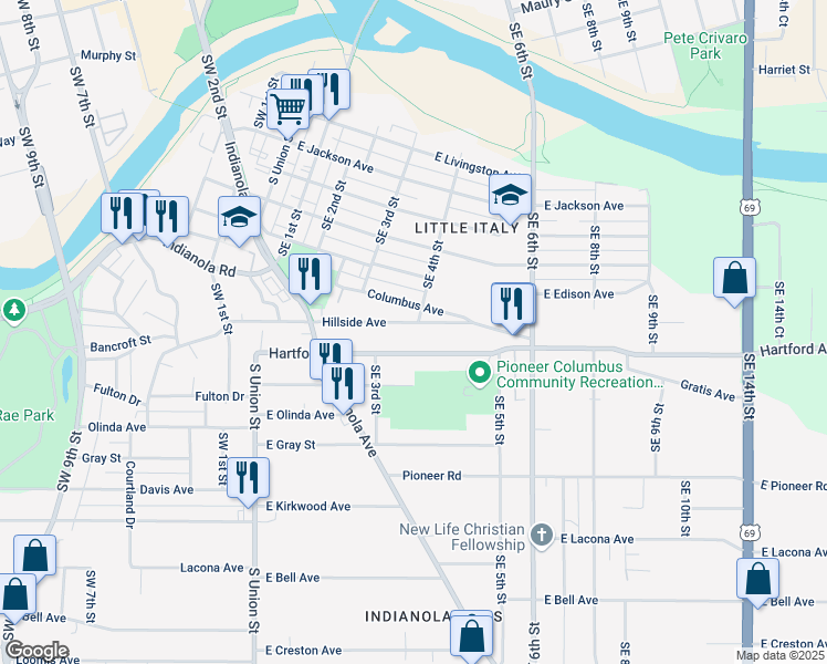 map of restaurants, bars, coffee shops, grocery stores, and more near 326 Hillside Avenue in Des Moines