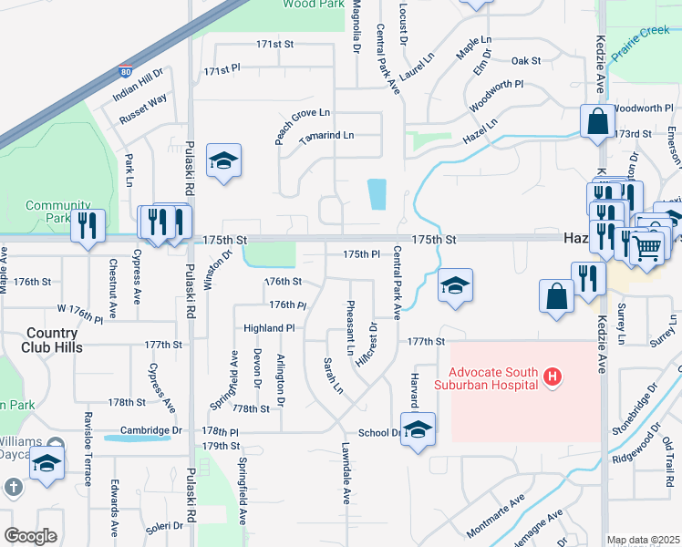map of restaurants, bars, coffee shops, grocery stores, and more near 3680 176th Street in Country Club Hills