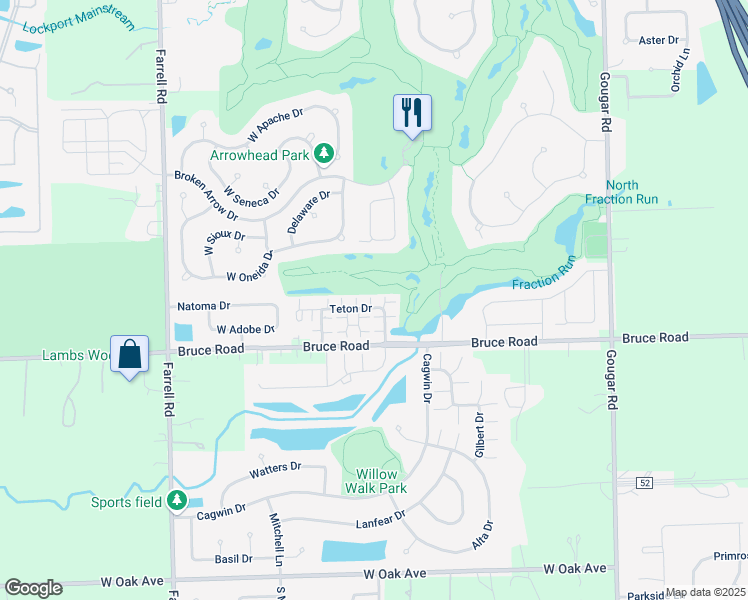 map of restaurants, bars, coffee shops, grocery stores, and more near 16422 Teton Drive in Lockport