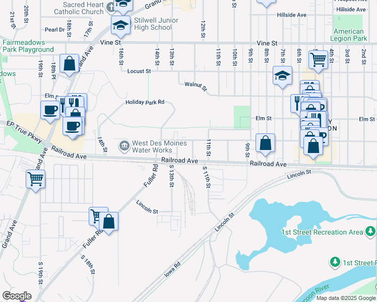 map of restaurants, bars, coffee shops, grocery stores, and more near 1214 Maple Street in West Des Moines