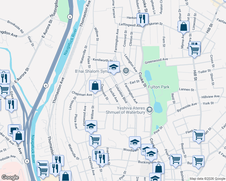 map of restaurants, bars, coffee shops, grocery stores, and more near 160 Euclid Avenue in Waterbury