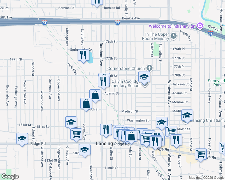 map of restaurants, bars, coffee shops, grocery stores, and more near 17832 Walter Street in Lansing