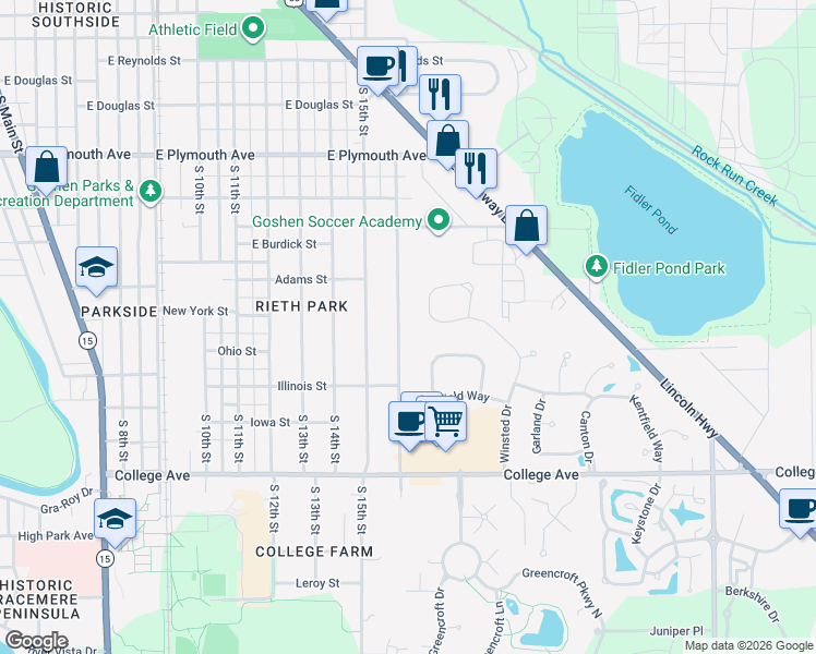 map of restaurants, bars, coffee shops, grocery stores, and more near 1208 South 16th Street in Goshen