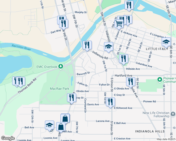 map of restaurants, bars, coffee shops, grocery stores, and more near 625 Irving Street in Des Moines