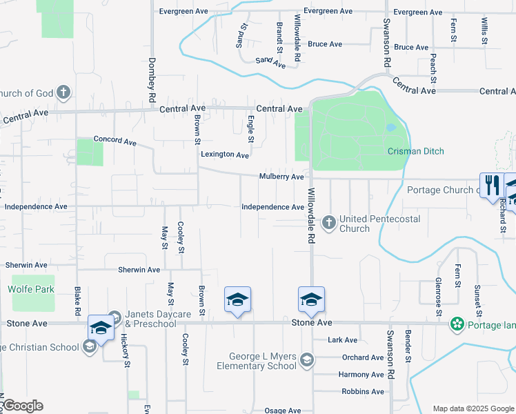map of restaurants, bars, coffee shops, grocery stores, and more near 2811 Belmont Street in Portage