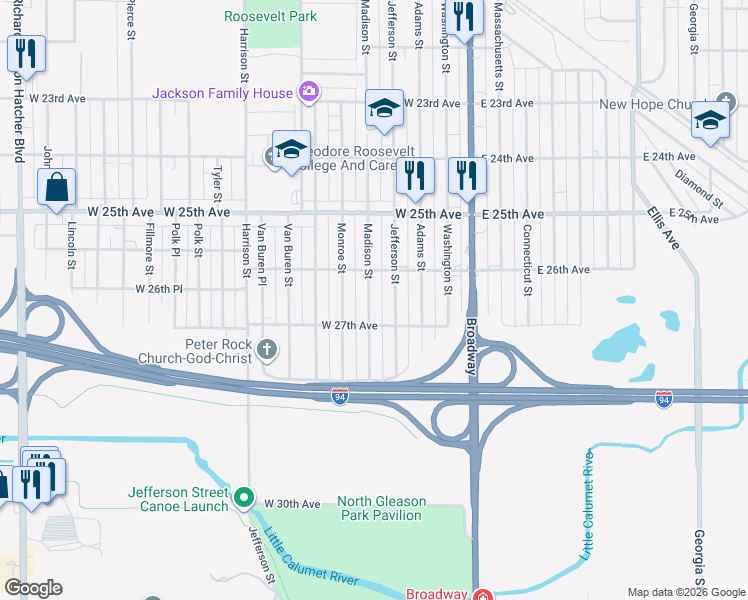 map of restaurants, bars, coffee shops, grocery stores, and more near 2620 Jefferson St in Gary