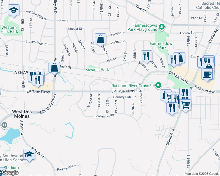 map of restaurants, bars, coffee shops, grocery stores, and more near 3105 EP True Parkway in West Des Moines