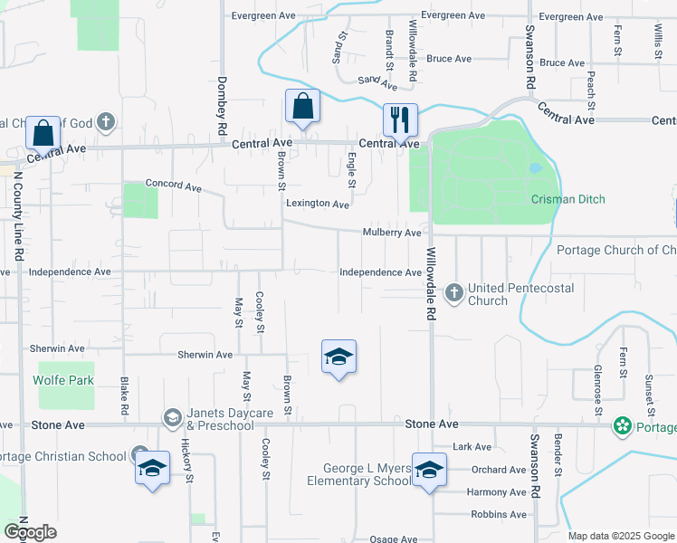 map of restaurants, bars, coffee shops, grocery stores, and more near 2796 Oakwood Street in Portage