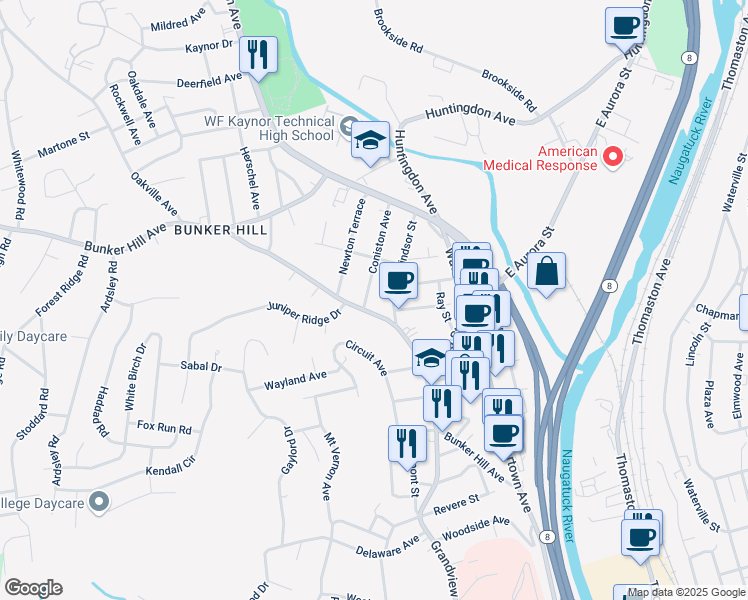 map of restaurants, bars, coffee shops, grocery stores, and more near 86 Windsor Street in Waterbury
