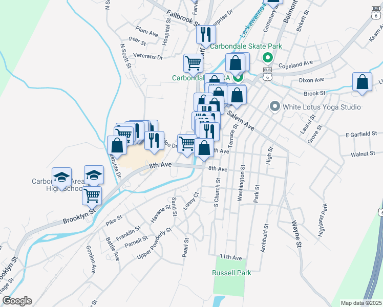 map of restaurants, bars, coffee shops, grocery stores, and more near 86 River Street in Carbondale