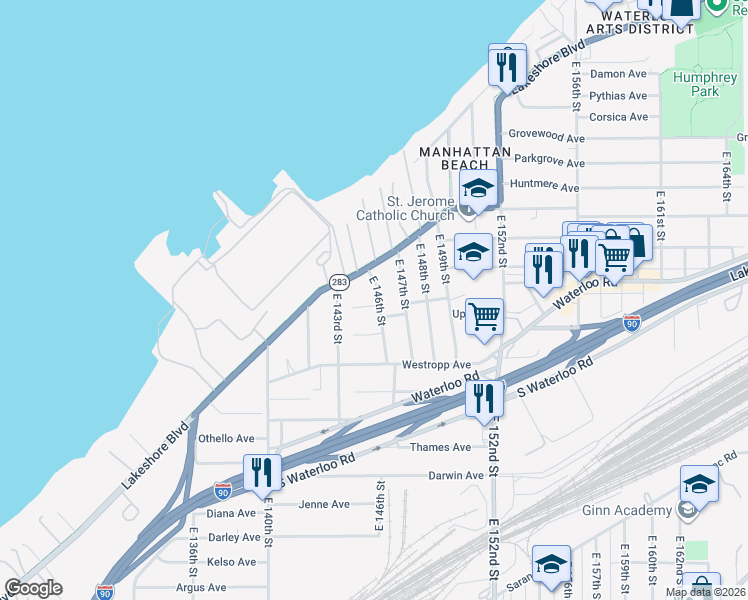map of restaurants, bars, coffee shops, grocery stores, and more near 395 East 146th Street in Cleveland
