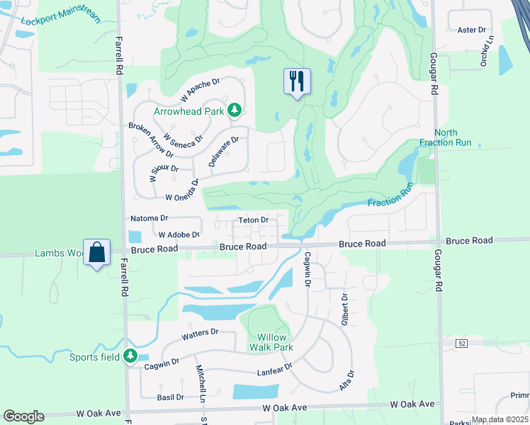 map of restaurants, bars, coffee shops, grocery stores, and more near 16422 Teton Drive in Lockport