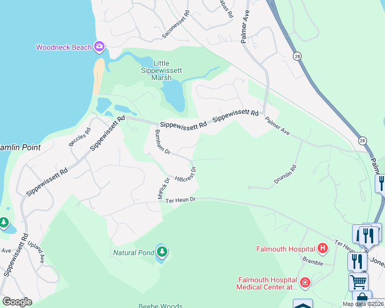 map of restaurants, bars, coffee shops, grocery stores, and more near 22 Shanks Pond Road in Falmouth
