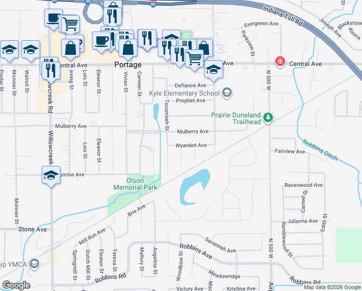 map of restaurants, bars, coffee shops, grocery stores, and more near 2801 Shawnee Street in Portage