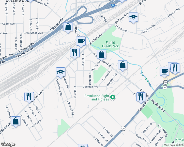 map of restaurants, bars, coffee shops, grocery stores, and more near 1318 East 188th Street in Cleveland
