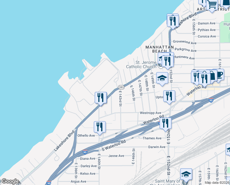 map of restaurants, bars, coffee shops, grocery stores, and more near 14200 Lakeshore Boulevard in Cleveland