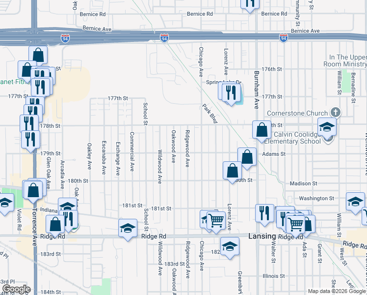 map of restaurants, bars, coffee shops, grocery stores, and more near 17830 Ridgewood Avenue in Lansing